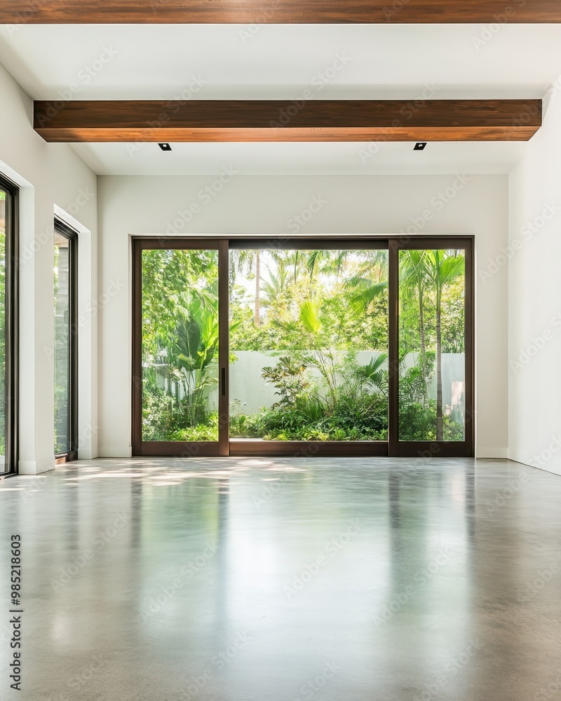 Fototapeta premium Modern empty living room with large glass doors and scenic view of garden, featuring concrete floor and wooden ceiling beams.