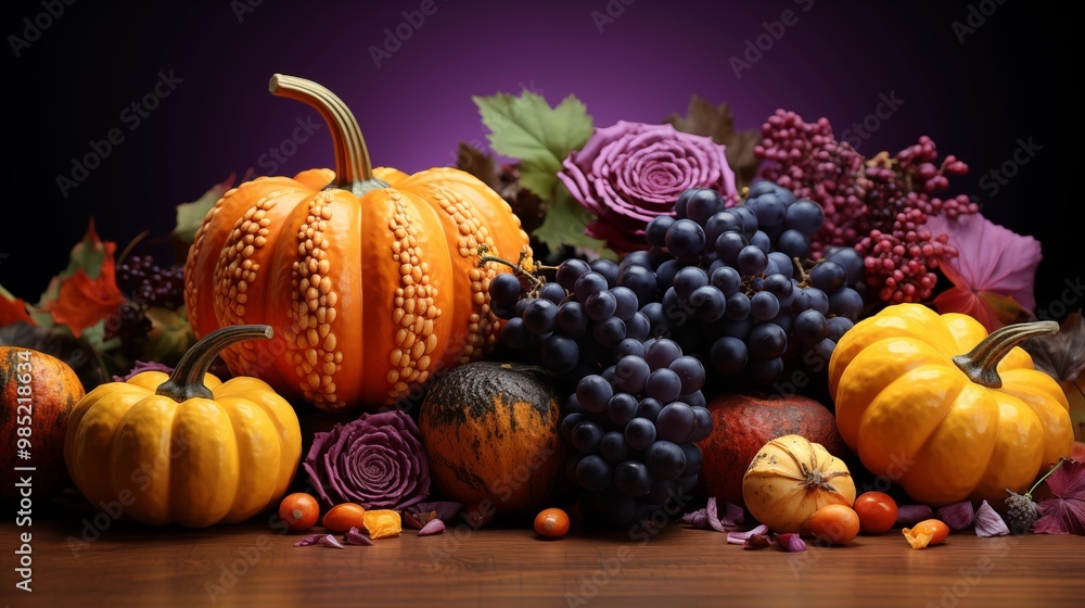 3D style pumpkins and autumn fruits on purple background 3D style pumpkins and autumn fruits on purple background