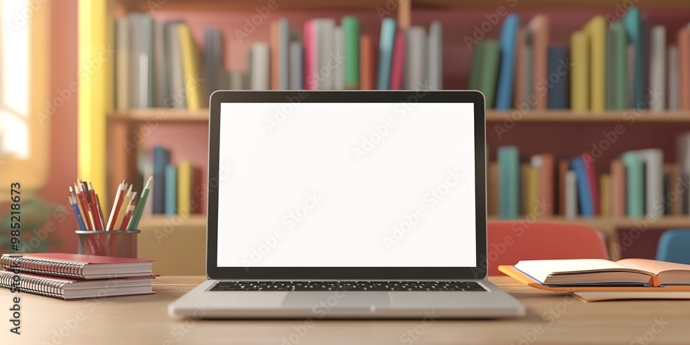 mockup image of laptop with blank transparent screen, on the table by the notebooks and textbooks in a cozy school classroom environment furnishings. mockup image of laptop with blank transparent screen, on the table by the notebooks and textbooks in a cozy school classroom environment furnishings.