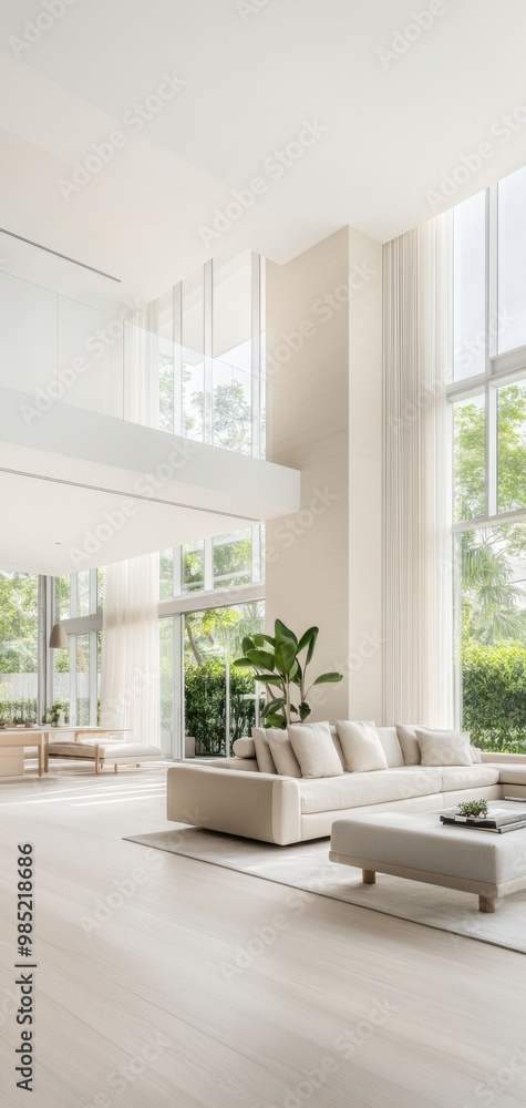 Modern living room with high ceilings, large windows, minimalist decor, and light-toned furniture creating a bright and spacious atmosphere. Modern living room with high ceilings, large windows, minimalist decor, and light-toned furniture creating a bright and spacious atmosphere.