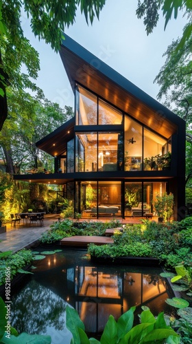 Modern glass house in lush forest setting with illuminated interiors and a reflecting pond in the foreground, showcasing contemporary architecture.