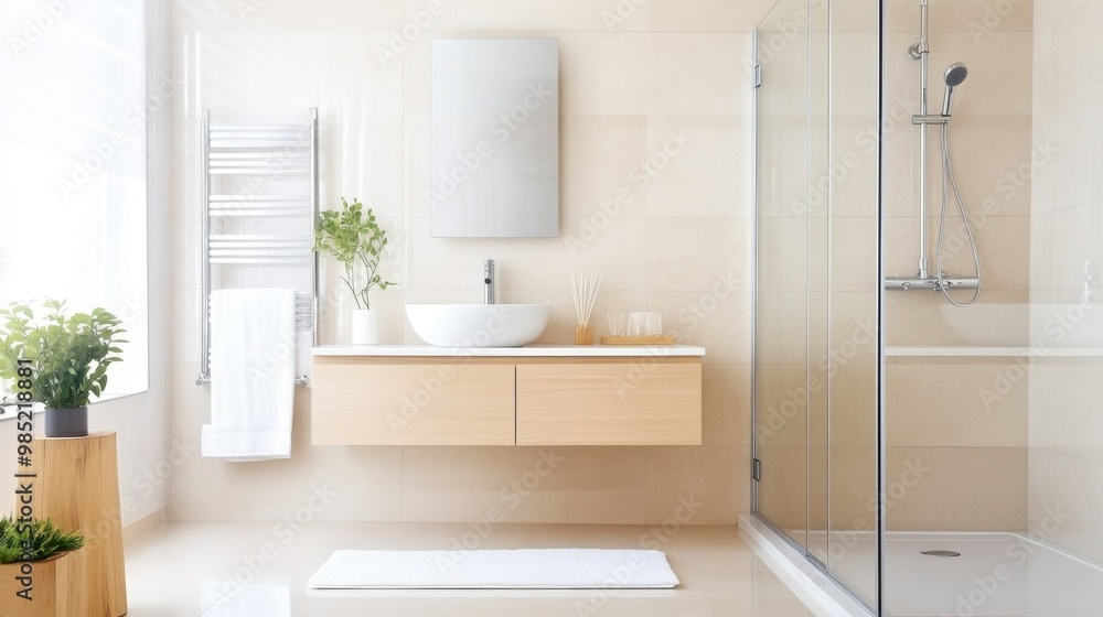 Modern minimalist bathroom with floating vanity, glass shower, and natural light. Clean and elegant design with neutral tones and greenery accents. Modern minimalist bathroom with floating vanity, glass shower, and natural light. Clean and elegant design with neutral tones and greenery accents.