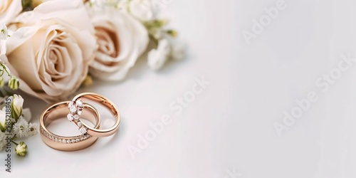 Elegant wedding invitation card with beige flowers and golden rings