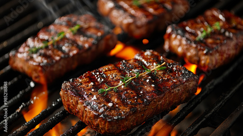 Grilled steaks sizzling on barbecue, showcasing perfect grill marks and garnished with fresh herbs. smoky aroma and juicy texture evoke mouthwatering experience.