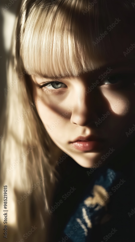 Young blonde girl with green eyes staring intensely through shadows. Young blonde girl with green eyes staring intensely through shadows.