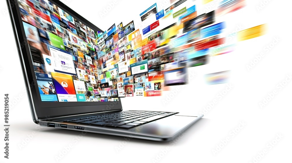 Laptop with Web Pages Flying Out Laptop with Web Pages Flying Out