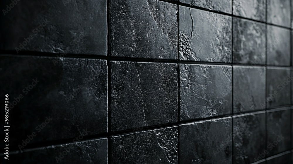 Naklejka premium Black Square Tiles Wall with Uneven Surface Texture