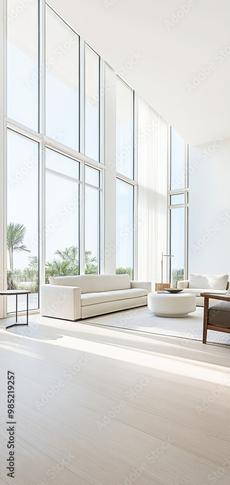 Modern minimalist living room with large floor-to-ceiling windows, white furniture, and soft natural light streaming in. Modern minimalist living room with large floor-to-ceiling windows, white furniture, and soft natural light streaming in.
