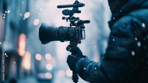 A high-end camera stabilizer capturing smooth footage from a handheld camera.