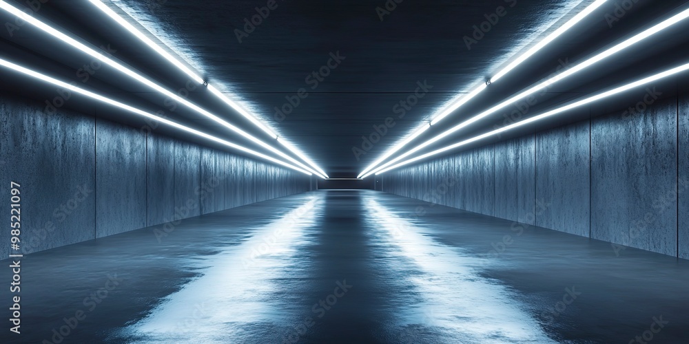 Fototapeta premium Empty dark underground tunnel, garage, corridor, warehouse with cement floor, asphalt, slab. LED lighting, neon lamps 