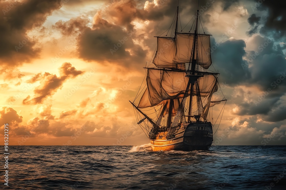 Obraz premium Sailing Ship at Sunset with Dramatic Clouds