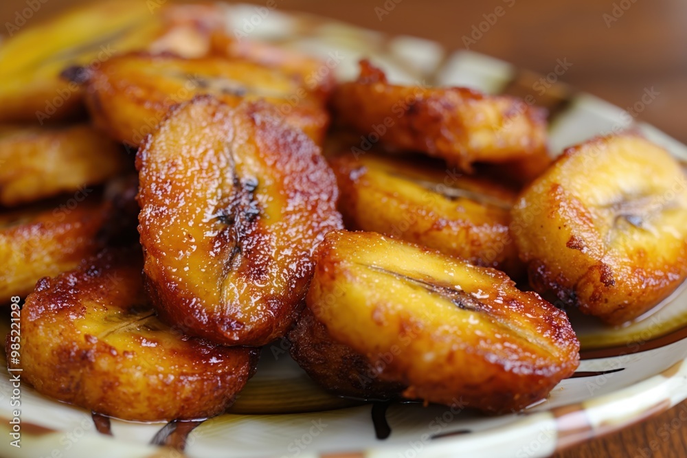 Fried sweet plantains on a plate, golden brown and crispy. Close-up of tropical fruit dish, ripe banana slices. Delightful culinary food preparation, served as a meal or snack. Fried sweet plantains on a plate, golden brown and crispy. Close-up of tropical fruit dish, ripe banana slices. Delightful culinary food preparation, served as a meal or snack.