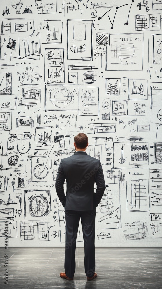 A businessman analyzes various charts and sketches on a wall, contemplating strategies. A businessman analyzes various charts and sketches on a wall, contemplating strategies.