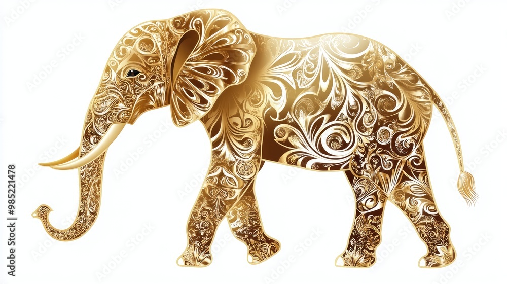 Fototapeta premium A regal golden elephant in vector art, detailed with elegant designs, standing gracefully on a clean white background