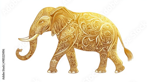 A regal golden elephant in vector art, detailed with elegant designs, standing gracefully on a clean white background photo