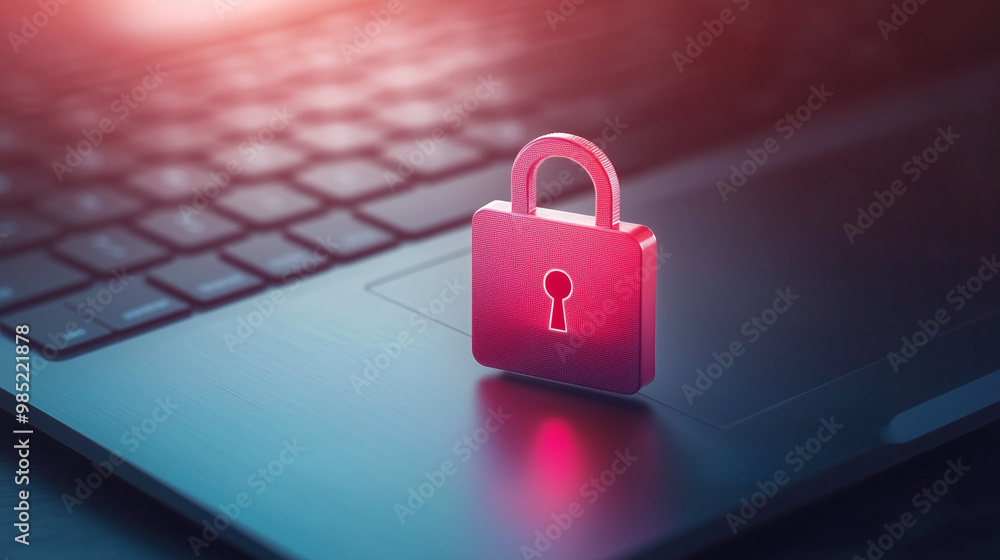 A digital padlock symbolizes online security and data protection, resting on laptop keyboard. This image conveys importance of safeguarding personal information in digital age. A digital padlock symbolizes online security and data protection, resting on laptop keyboard. This image conveys importance of safeguarding personal information in digital age.