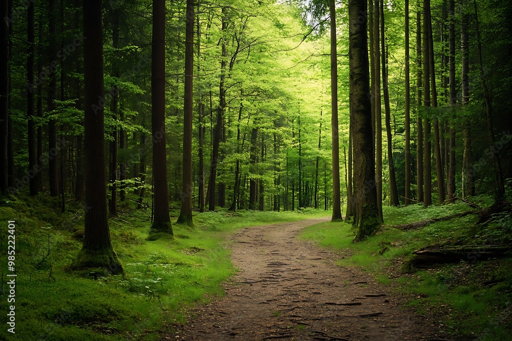 Obraz premium Path Through Lush Green Forest with Sunlight Filtering Through Trees
