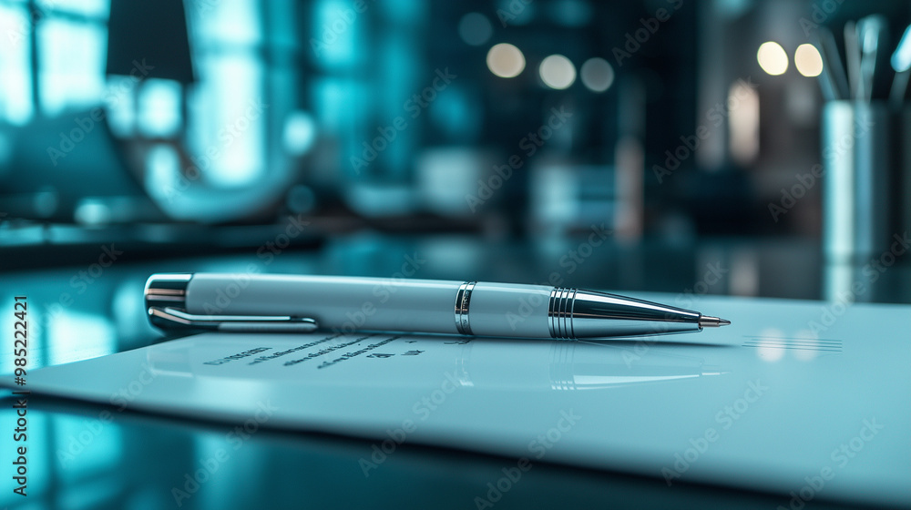 a photostock image of a sleek designer pen with augmented reality features, showing grip comfort, ink types, and engraving options in a professional office setting a photostock image of a sleek designer pen with augmented reality features, showing grip comfort, ink types, and engraving options in a professional office setting