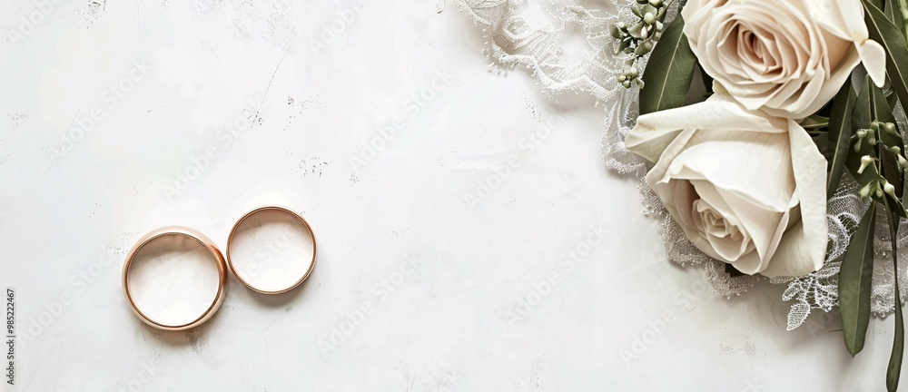 Wedding rings and white rose on white background copy space Wedding rings and white rose on white background copy space