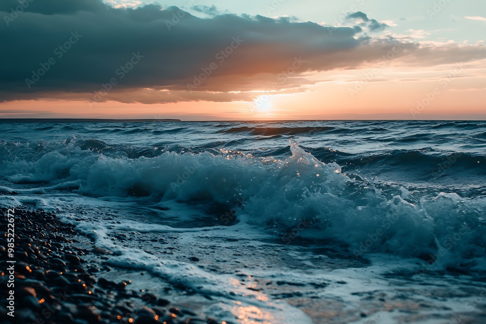 Fototapeta premium Dramatic Ocean Waves Crashing on the Shore at Sunset