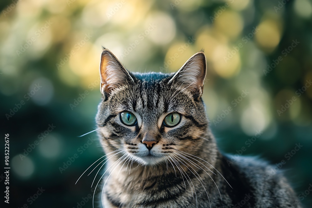 Cute tabby cat with green eyes looking at camera with bokeh background Cute tabby cat with green eyes looking at camera with bokeh background