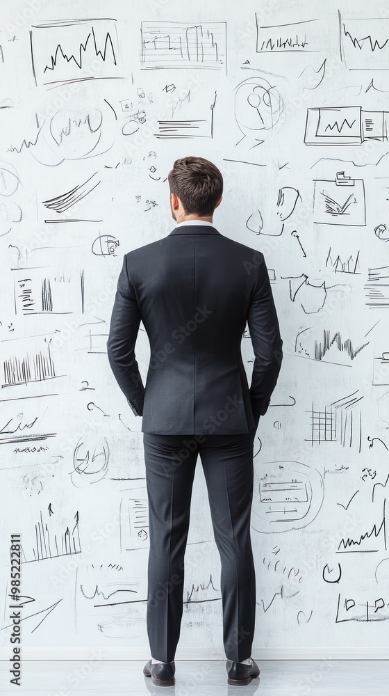 A man in a suit stands before a wall covered in business charts and graphs. A man in a suit stands before a wall covered in business charts and graphs.