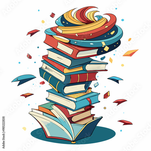 a whirlwind of books flying upwards in a spiral