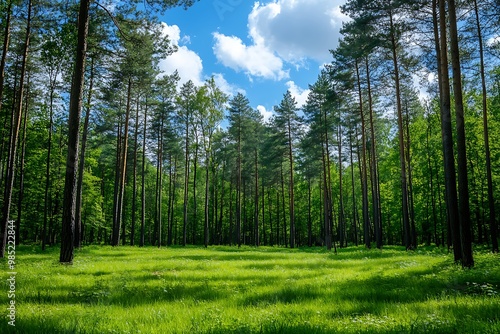 Sunlight through pine trees in a lush green forest with a clearing in the foreground