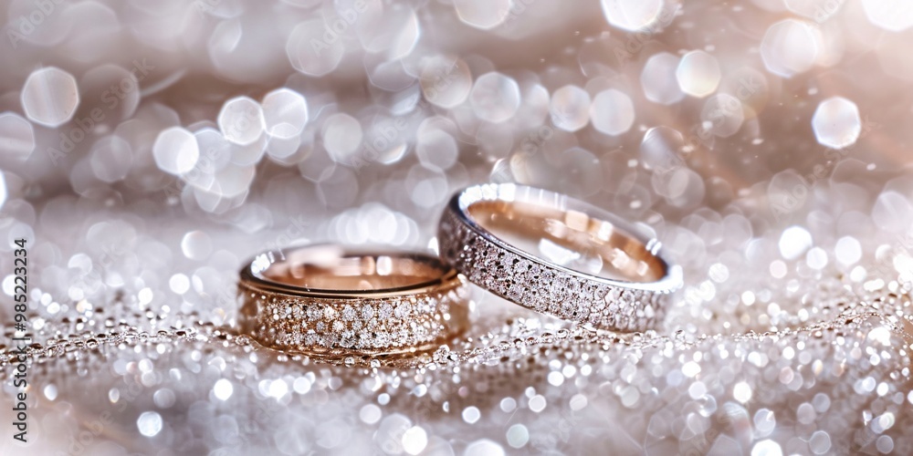 two golden wedding rings on creamy sparkling background with bokeh with copy space two golden wedding rings on creamy sparkling background with bokeh with copy space