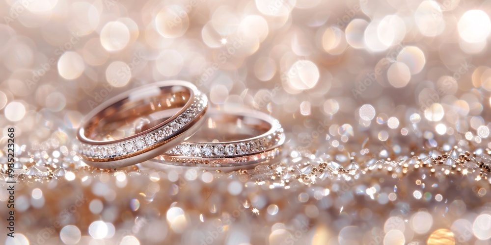 two golden wedding rings on creamy sparkling background with bokeh with copy space two golden wedding rings on creamy sparkling background with bokeh with copy space