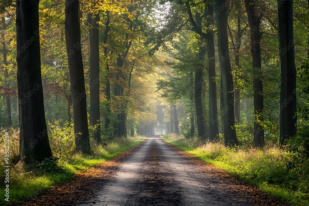 Fototapeta premium Sunlight shining through trees in a forest path, autumn landscape