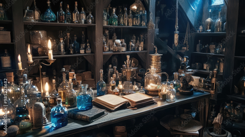 A whimsical witch workshop filled with potion bottles, spell books, and magical item. A whimsical witch workshop filled with potion bottles, spell books, and magical item.