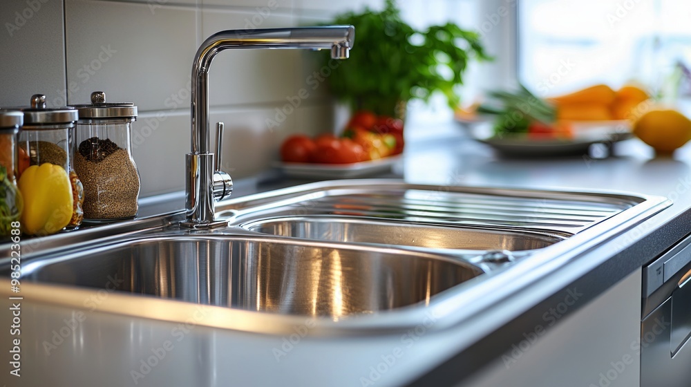Clean stainless steel kitchen sink with faucet and food ingredients