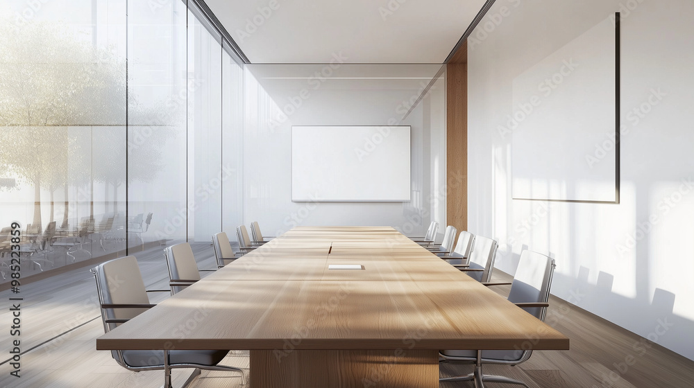 Swedish business meeting room, light wood table, white walls, ergonomic chairs, minimalist decor, large glass windows, natural light flooding the space Swedish business meeting room, light wood table, white walls, ergonomic chairs, minimalist decor, large glass windows, natural light flooding the space