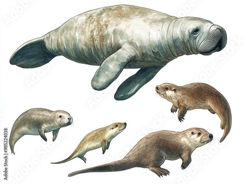 Detailed view of aquatic mammals such as manatees and otters, isolated on a plain white background