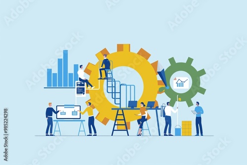 Continuous improvement concept in business. Diagram illustrates iterative process of development, management, growth. Circle represents cycle of improvement, with buttons for, check,. Lean