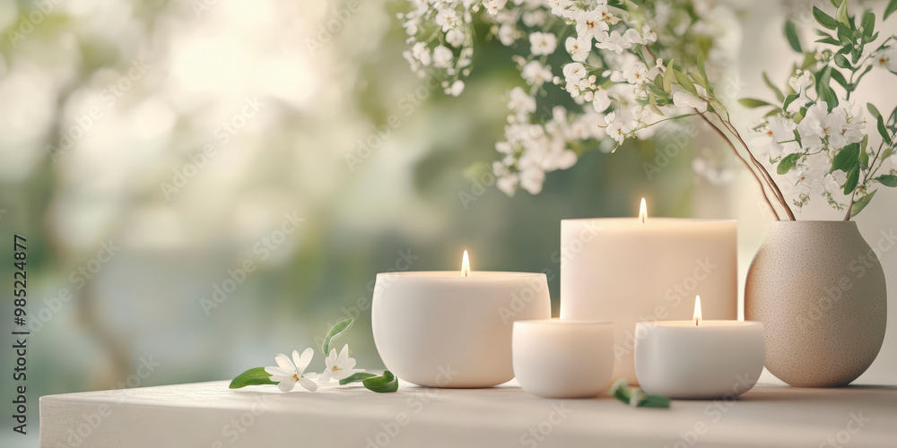 A serene setup with lit candles, white flowers, and soft natural lighting, creating an atmosphere of tranquility and natural beauty. A serene setup with lit candles, white flowers, and soft natural lighting, creating an atmosphere of tranquility and natural beauty.