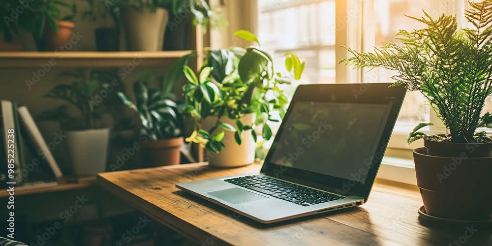 a laptop computer sitting on top of a wooden desk next to a potted plant and a potted plant on the side of a window sill in a room a laptop computer sitting on top of a wooden desk next to a potted plant and a potted plant on the side of a window sill in a room