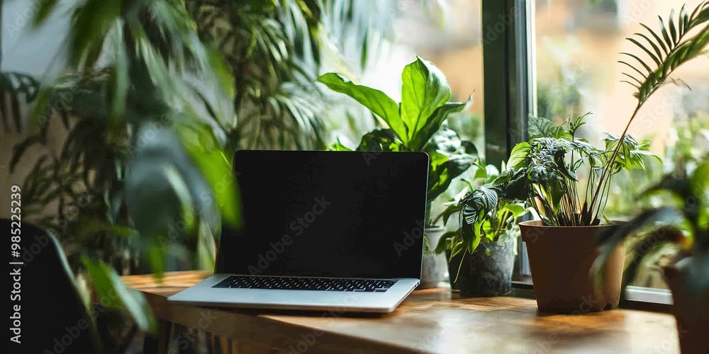 a laptop computer sitting on top of a wooden desk next to a potted plant and a potted plant on the side of a window sill in a room. a laptop computer sitting on top of a wooden desk next to a potted plant and a potted plant on the side of a window sill in a room.