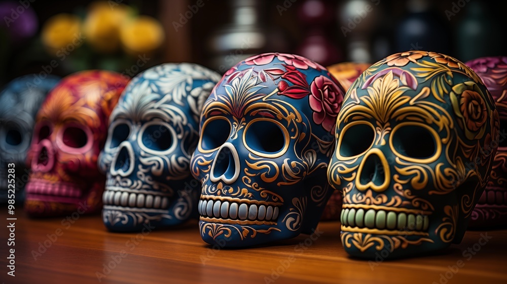 Day of the Dead Background, Halloween Dia De Los Muertos, Mexican Sugar Skulls. Day of the Dead Background, Halloween Dia De Los Muertos, Mexican Sugar Skulls.
