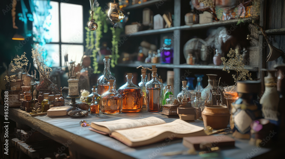 A table with many bottles and a book A table with many bottles and a book