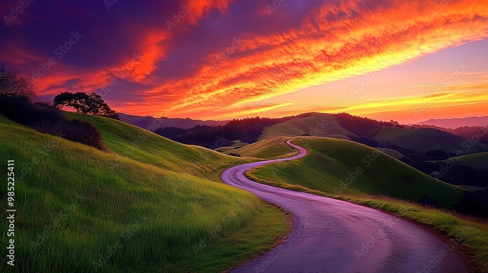 Serpentine Road Through Rolling Hills at Sunset Serpentine Road Through Rolling Hills at Sunset