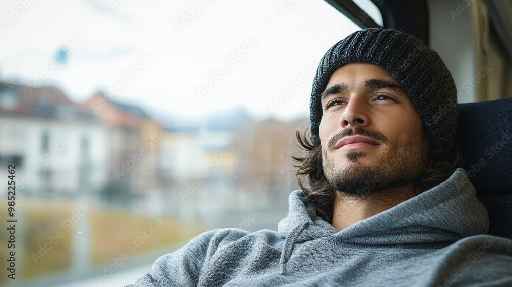 A man wearing a beanie and hoodie relaxes on a train, gazing out the window with a thoughtful expression. A man wearing a beanie and hoodie relaxes on a train, gazing out the window with a thoughtful expression.