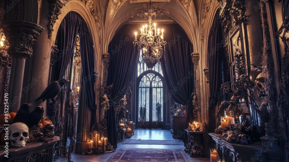 A grand Gothic hallway decorated for Halloween with soaring arched windows covered in dark velvet, a large elaborate chandelier overhead, and Gothic-themed Halloween decorations such as skulls. A grand Gothic hallway decorated for Halloween with soaring arched windows covered in dark velvet, a large elaborate chandelier overhead, and Gothic-themed Halloween decorations such as skulls.