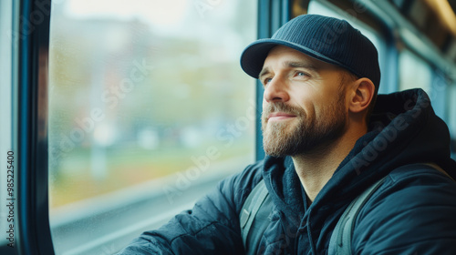 A man with a beard and cap gazes thoughtfully out of a train window, seemingly deep in contemplation during his journey.