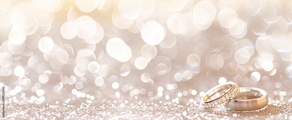 pair of shiny wedding rings on a sparkling background with copy space pair of shiny wedding rings on a sparkling background with copy space