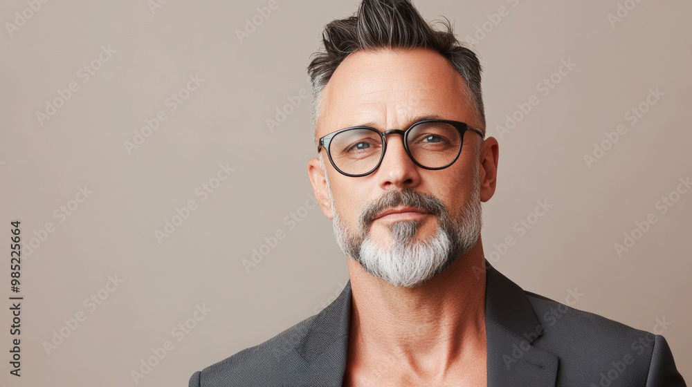 A stylish man with glasses, gray beard, and confident expression wears a dark blazer, posing against a neutral background. A stylish man with glasses, gray beard, and confident expression wears a dark blazer, posing against a neutral background.