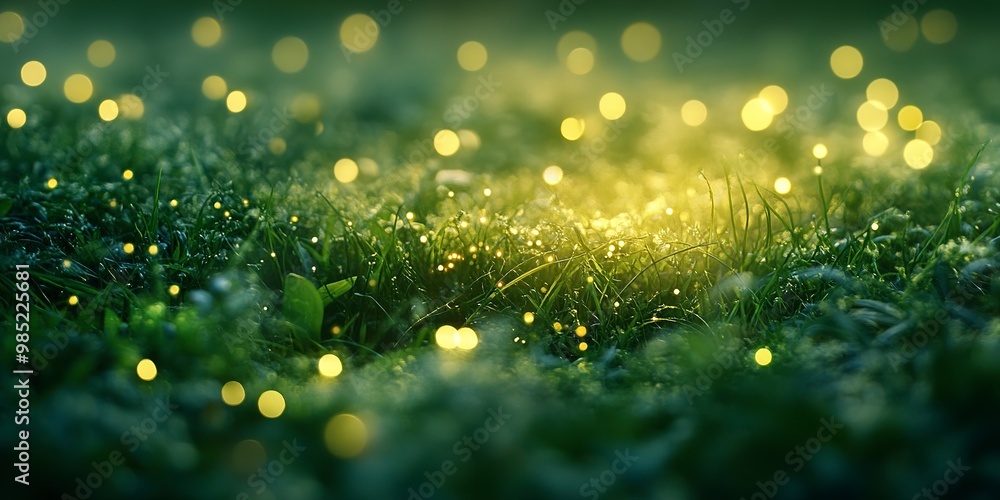Obraz premium A field of green grass with lights shining on it. Scene is bright and lively