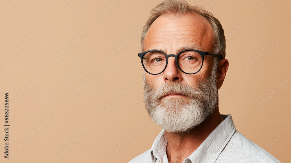 A contemplative bearded man with glasses, wearing a light-colored shirt, stands against a beige backdrop. A contemplative bearded man with glasses, wearing a light-colored shirt, stands against a beige backdrop.