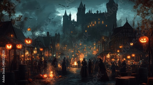 A medieval village square during Halloween with townsfolk in traditional attire celebrating with carved turnip lanterns bonfires and eerie masks all set against the backdrop of a dark towering castle photo